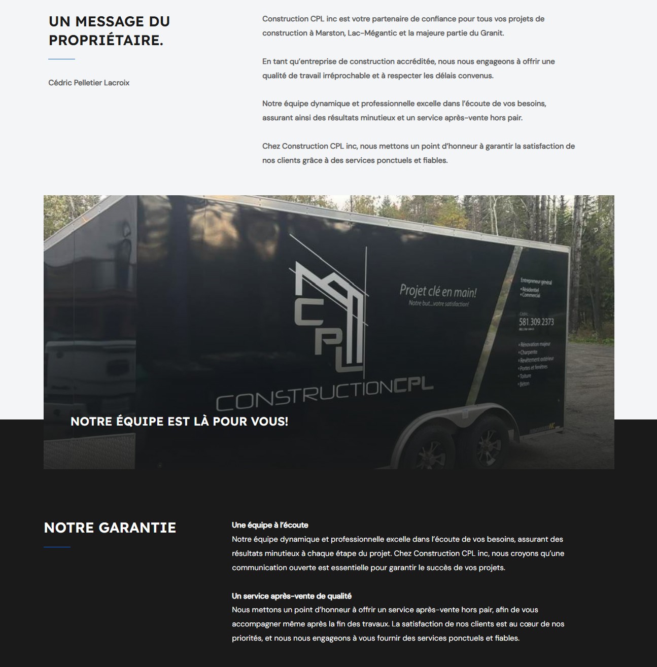 Page À propos de Construction CPL avec le message du propriétaire et une photographie de la remorque de l’entreprise.