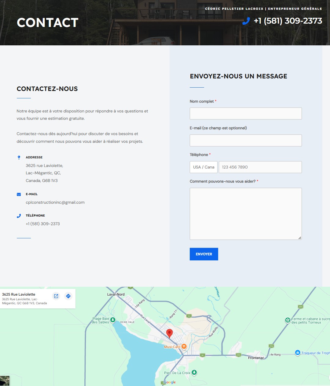 Page de contact Construction CPL avec coordonnées, formulaire de message et carte de Lac-Mégantic.
