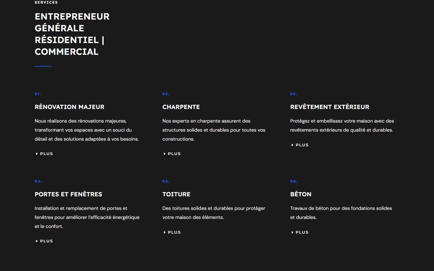 Section des services Construction CPL présentant six domaines d’expertise.
