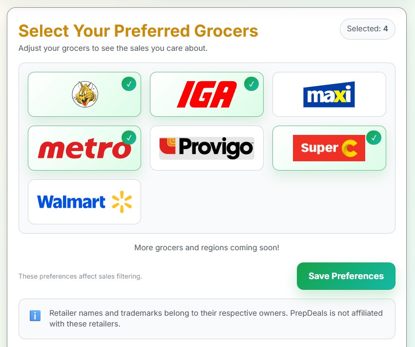 Selector showing the seven grocery stores supported by PrepDeals.