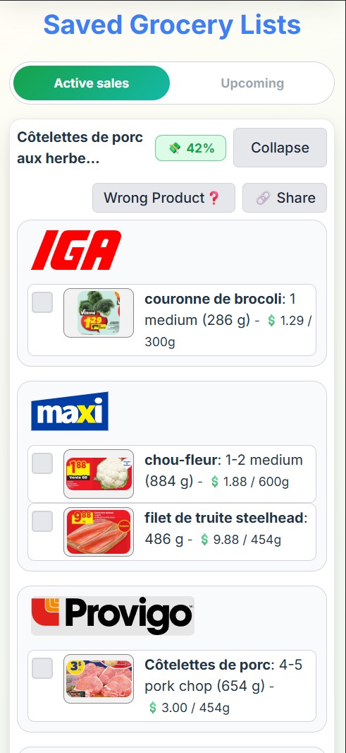 PrepDeals grocery list on a phone, grouped by grocery store.