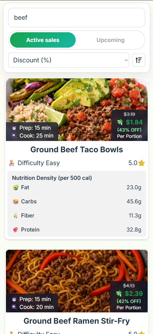 PrepDeals recipe search on a phone, filtered for discounted beef recipes.