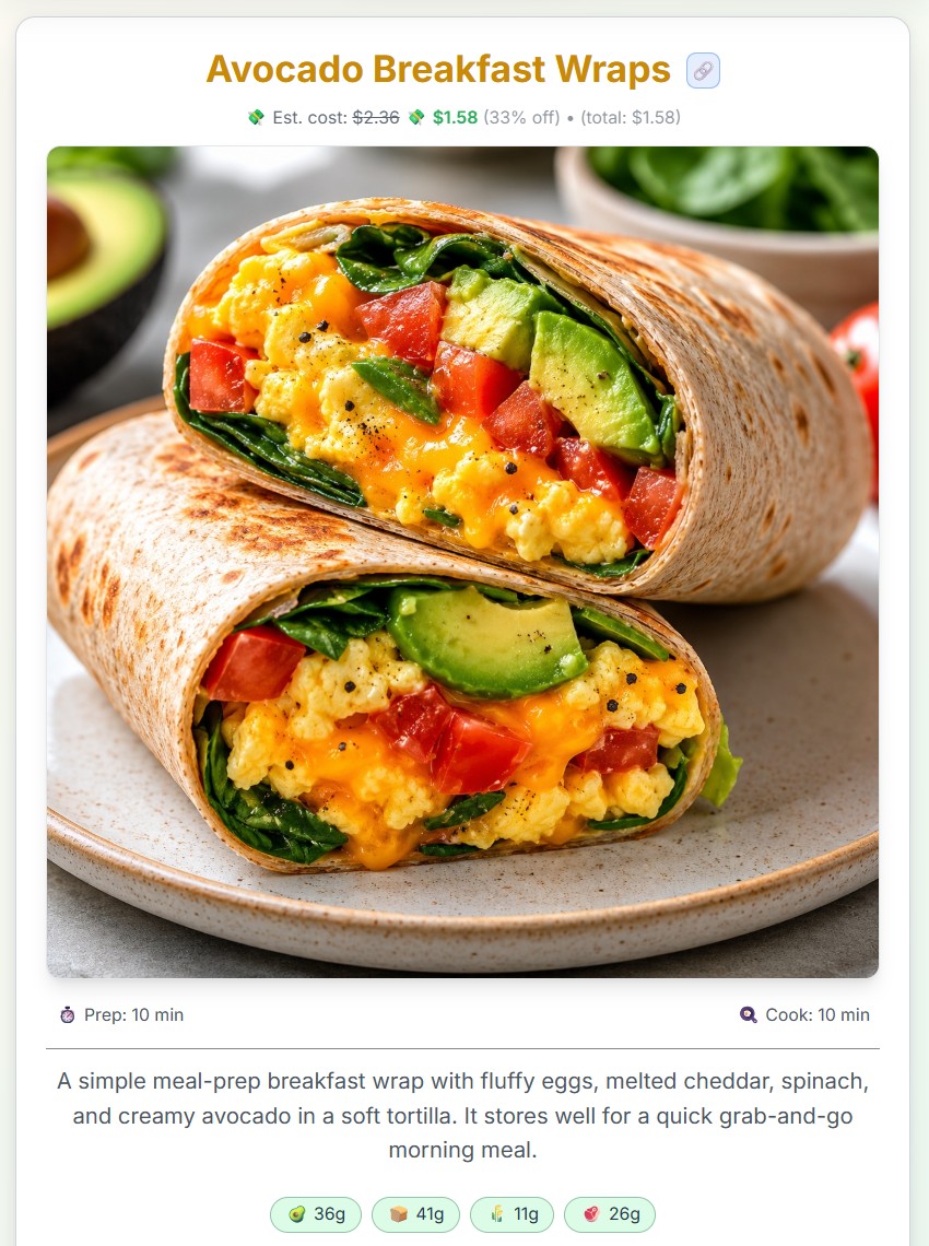 Breakfast wrap recipe in PrepDeals with estimated cost, savings, and nutrition information.