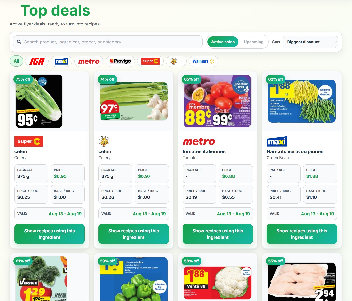 PrepDeals Top Deals page showing current specials from several Quebec grocery stores.
