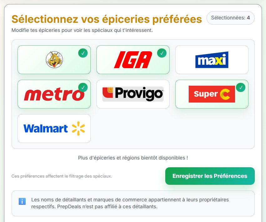 Sélecteur des sept épiceries prises en charge par PrepDeals.