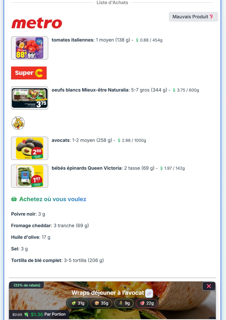 Liste d’achats PrepDeals regroupant les ingrédients en spécial par épicerie.