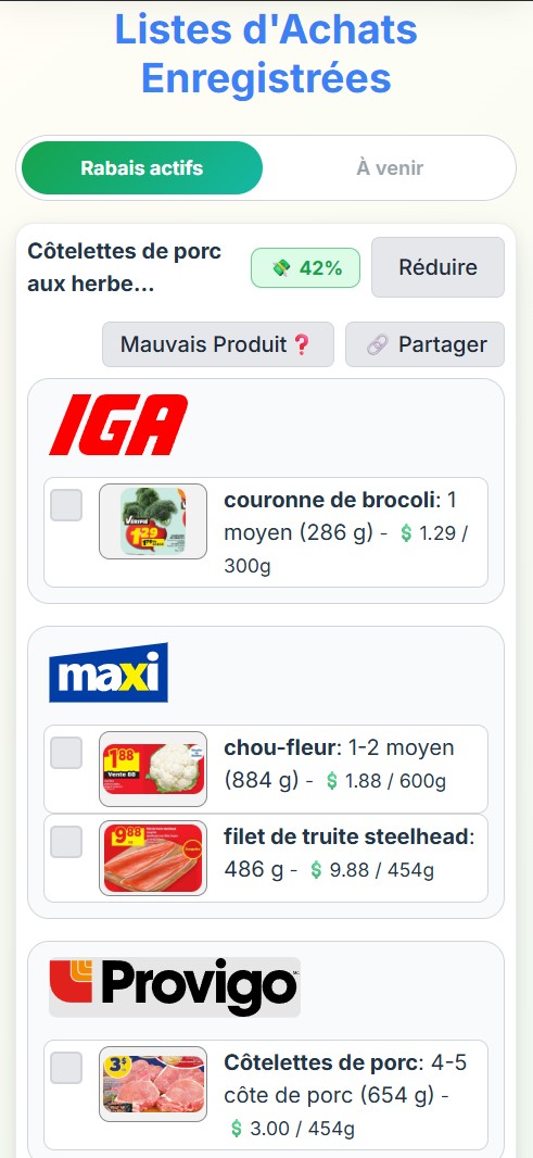 Liste d’achats PrepDeals sur téléphone, regroupée par épicerie.