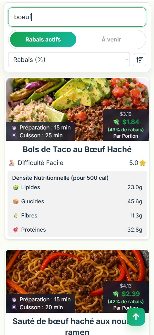 Recherche de recettes PrepDeals sur téléphone, filtrée pour les recettes de bœuf en rabais.