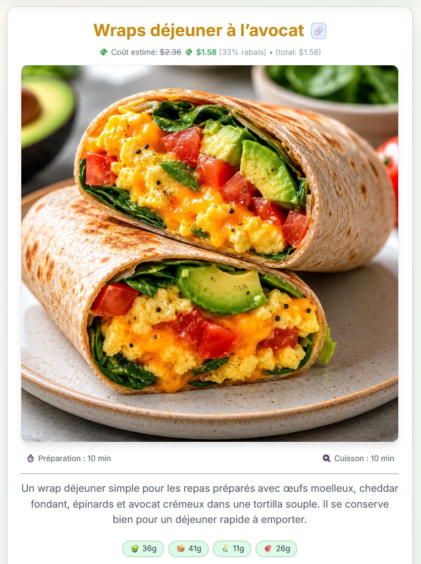 Recette de wraps déjeuner dans PrepDeals avec coût estimé, rabais et informations nutritives.