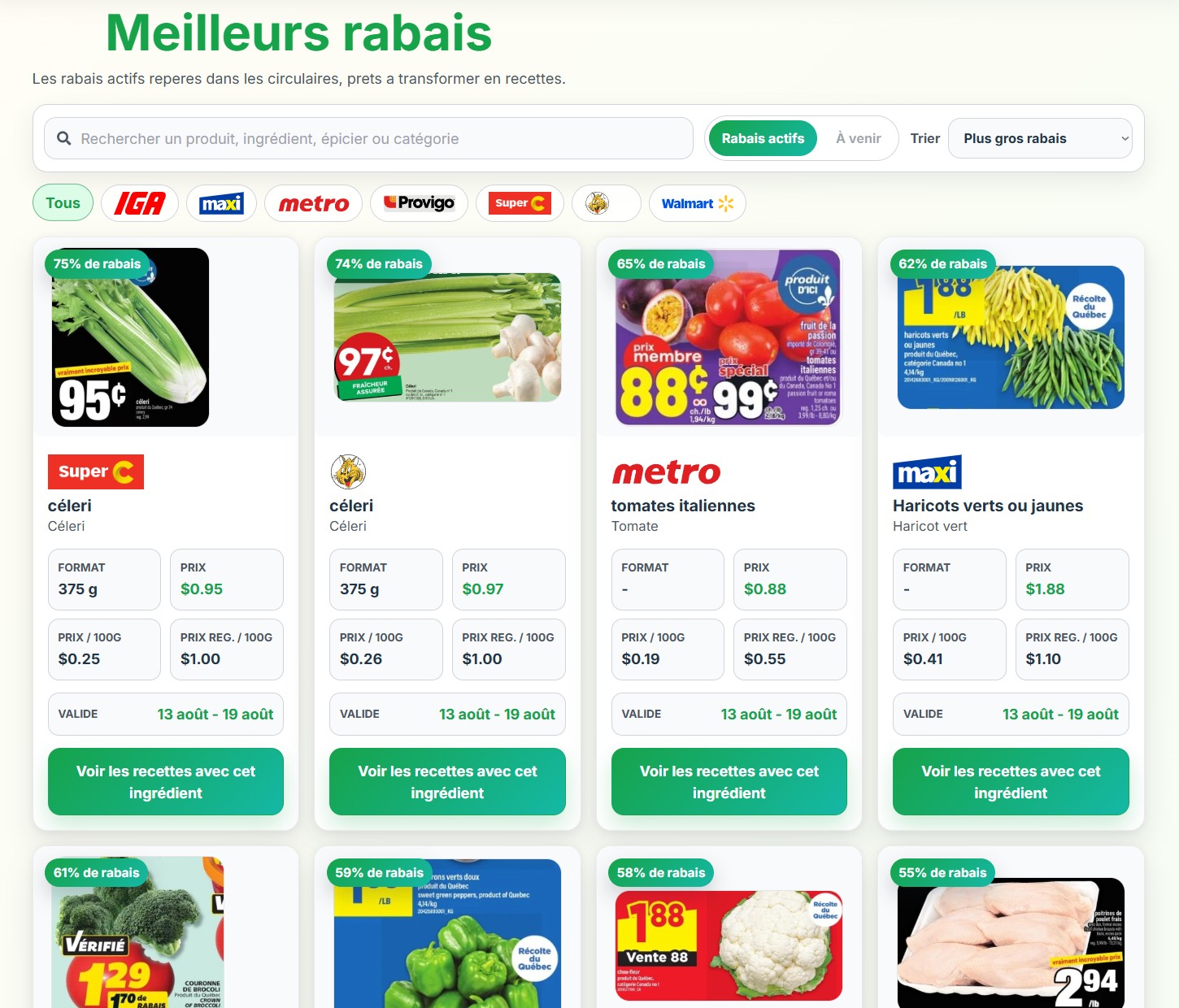 Page Meilleurs rabais de PrepDeals présentant les spéciaux courants de plusieurs épiceries québécoises.